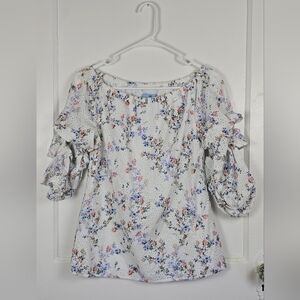 CeCe Eyelet Floral Ruffle Blouse Size S